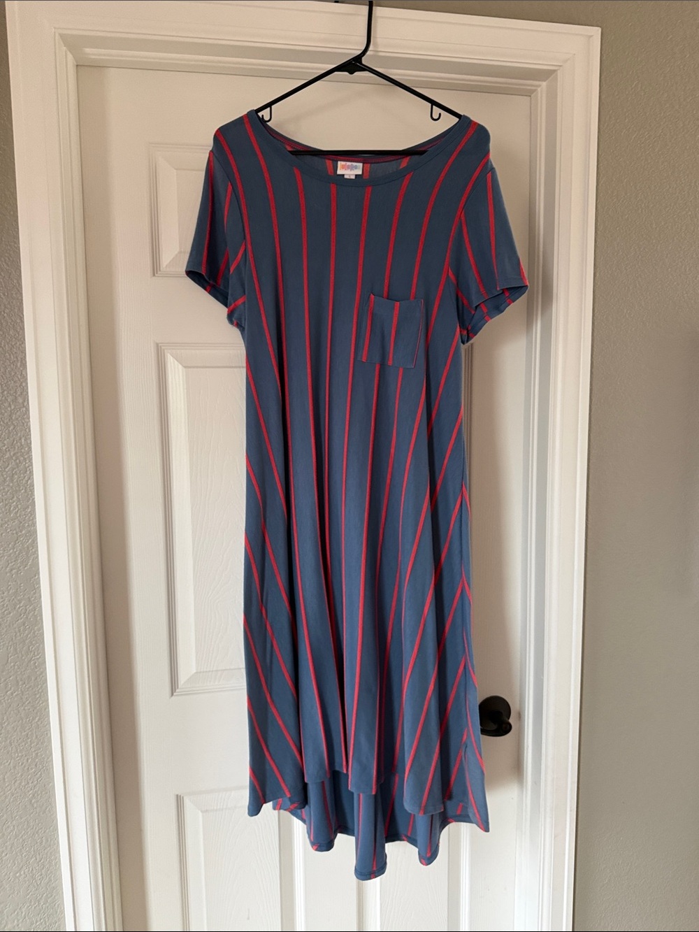 LuLaRoe Blue Top with Red Vertical Stripes